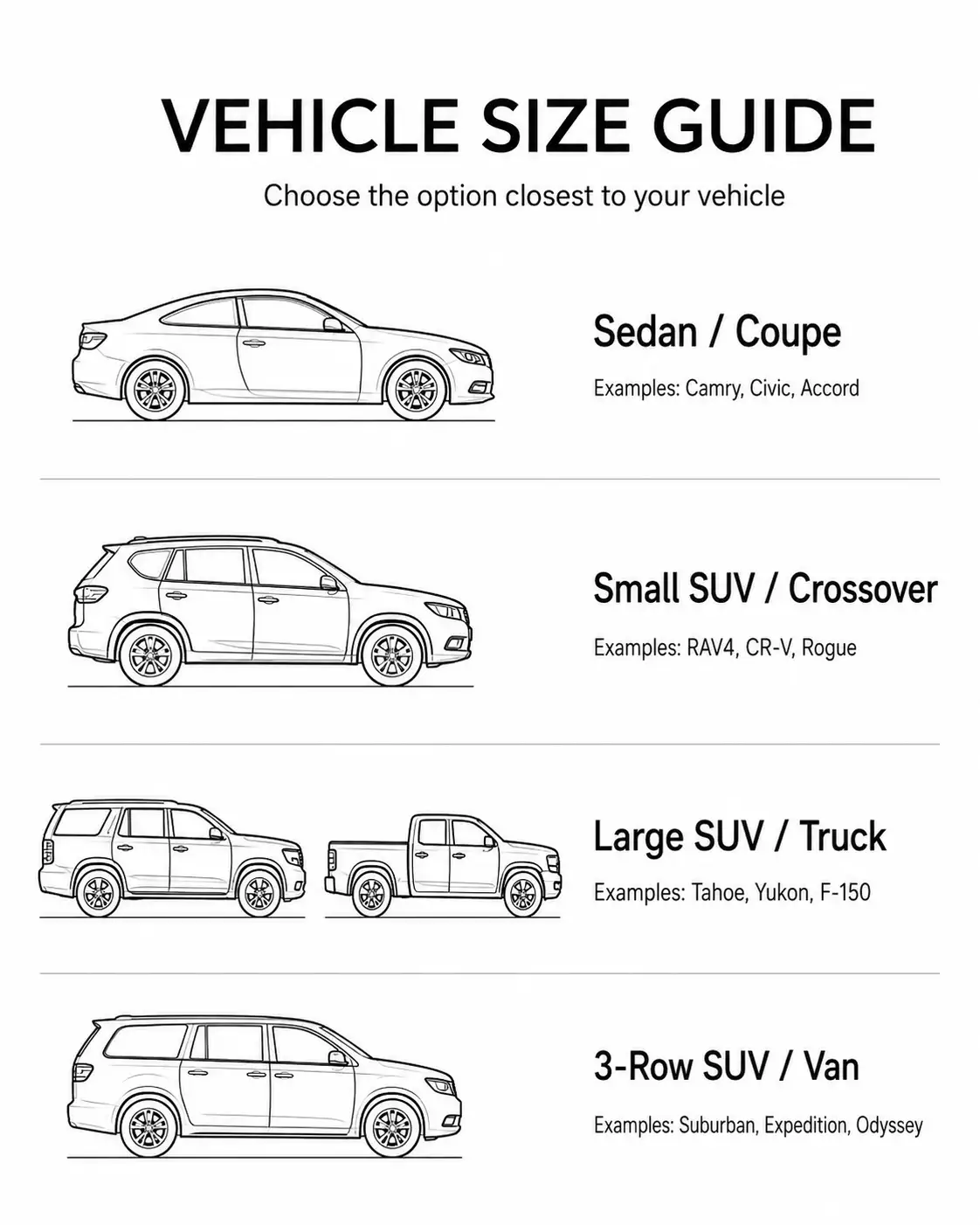 Vehicle size guide showing sedan, small SUV, large SUV or truck, and 3-row SUV or van examples
