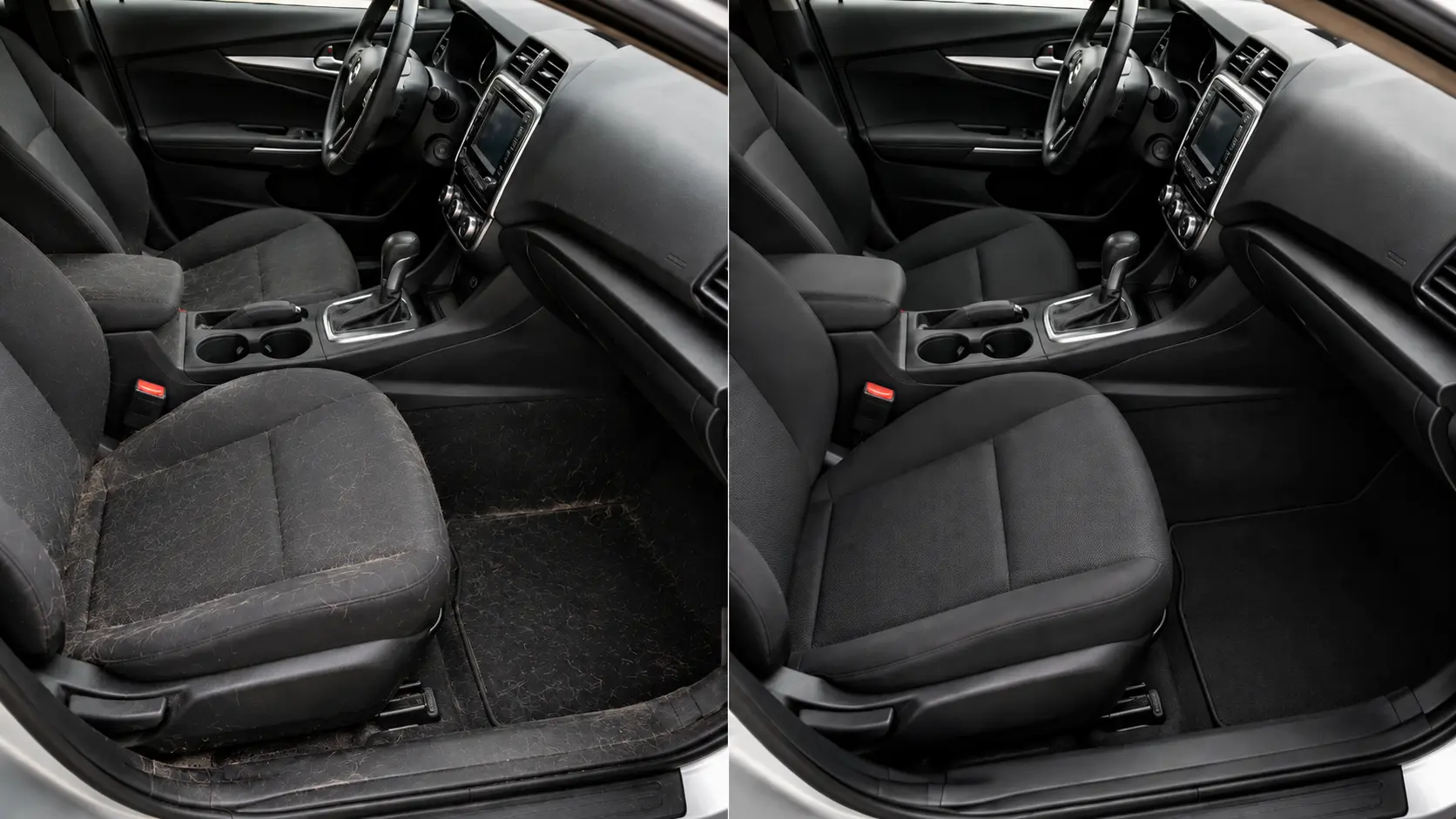 Pet hair removal from a car interior during mobile detailing